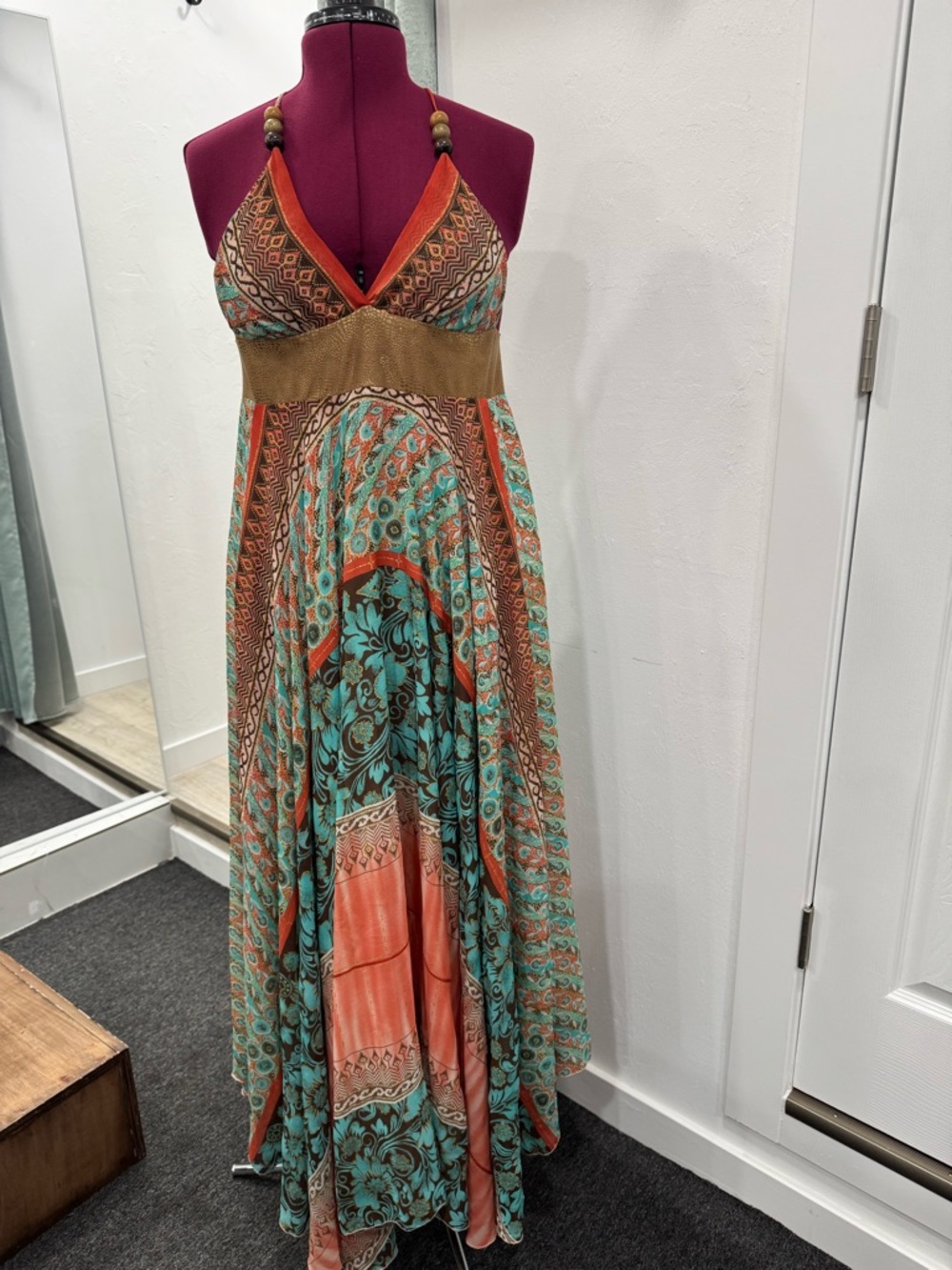 INTERMIX Teal, Coral & Brown Bohemian Maxi Dress